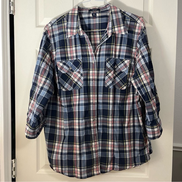 Chaps‎ Women's 2X Red White Blue Plaid Button Front Cotton Shirt 3/4 sleeves - Picture 2 of 7